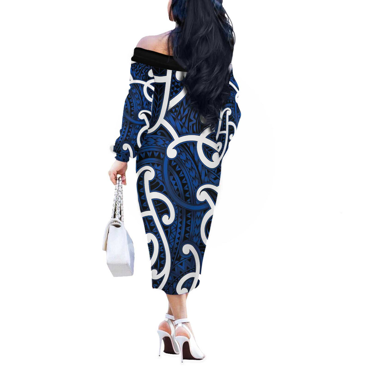 Aotearoa Maori Kowhaiwhai Off The Shoulder Long Sleeve Dress Kikorangi Puhoro and Patiki LT9 - Polynesian Pride