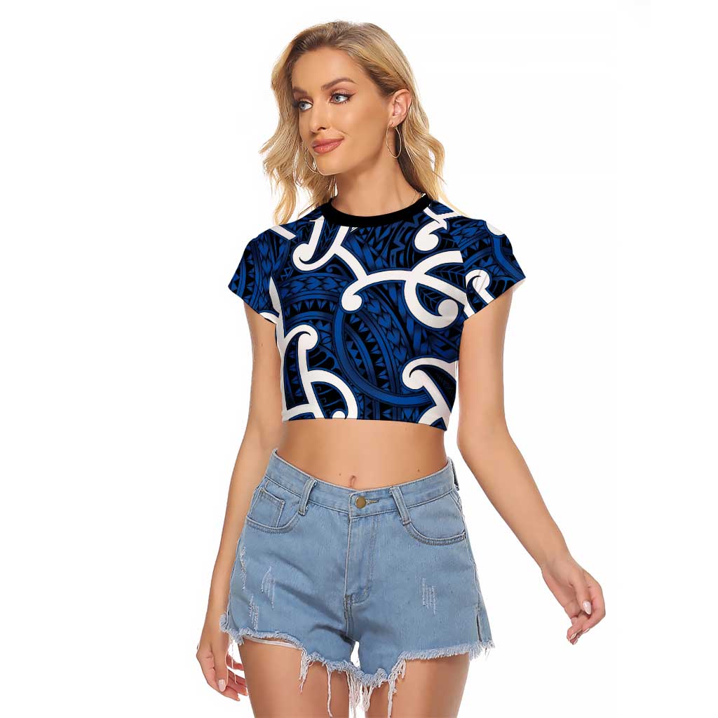 Aotearoa Maori Kowhaiwhai Raglan Cropped T Shirt Kikorangi Puhoro and Patiki LT9 Female Blue - Polynesian Pride