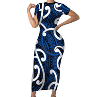 Aotearoa Maori Kowhaiwhai Short Sleeve Bodycon Dress Kikorangi Puhoro and Patiki LT9 Long Dress Blue - Polynesian Pride