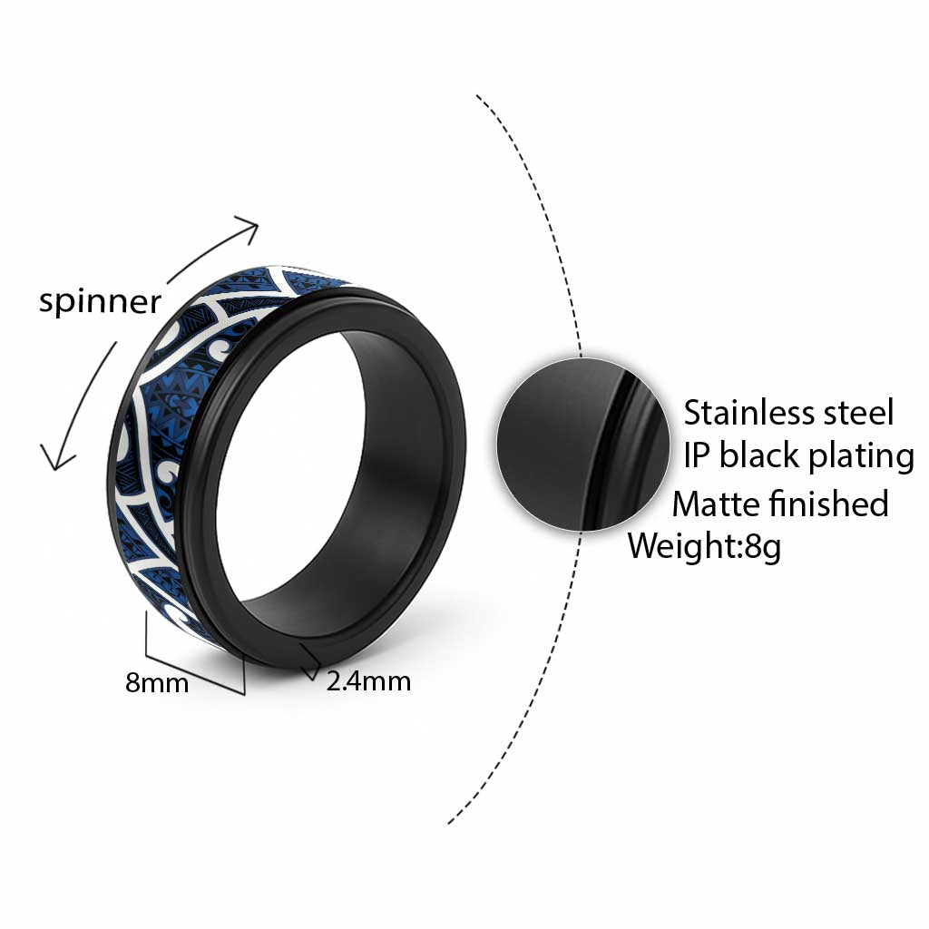 Aotearoa Maori Kowhaiwhai Spinner Ring Kikorangi Puhoro and Patiki