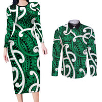 Aotearoa Maori Kowhaiwhai Couples Matching Long Sleeve Bodycon Dress and Long Sleeve Button Shirt Kakariki Puhoro and Patiki LT9 Green - Polynesian Pride