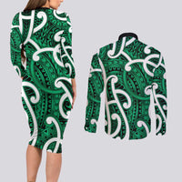 Aotearoa Maori Kowhaiwhai Couples Matching Long Sleeve Bodycon Dress and Long Sleeve Button Shirt Kakariki Puhoro and Patiki LT9 - Polynesian Pride