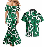 Aotearoa Maori Kowhaiwhai Couples Matching Mermaid Dress and Hawaiian Shirt Kakariki Puhoro and Patiki LT9 - Polynesian Pride