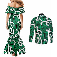 Aotearoa Maori Kowhaiwhai Couples Matching Mermaid Dress and Long Sleeve Button Shirt Kakariki Puhoro and Patiki LT9 - Polynesian Pride