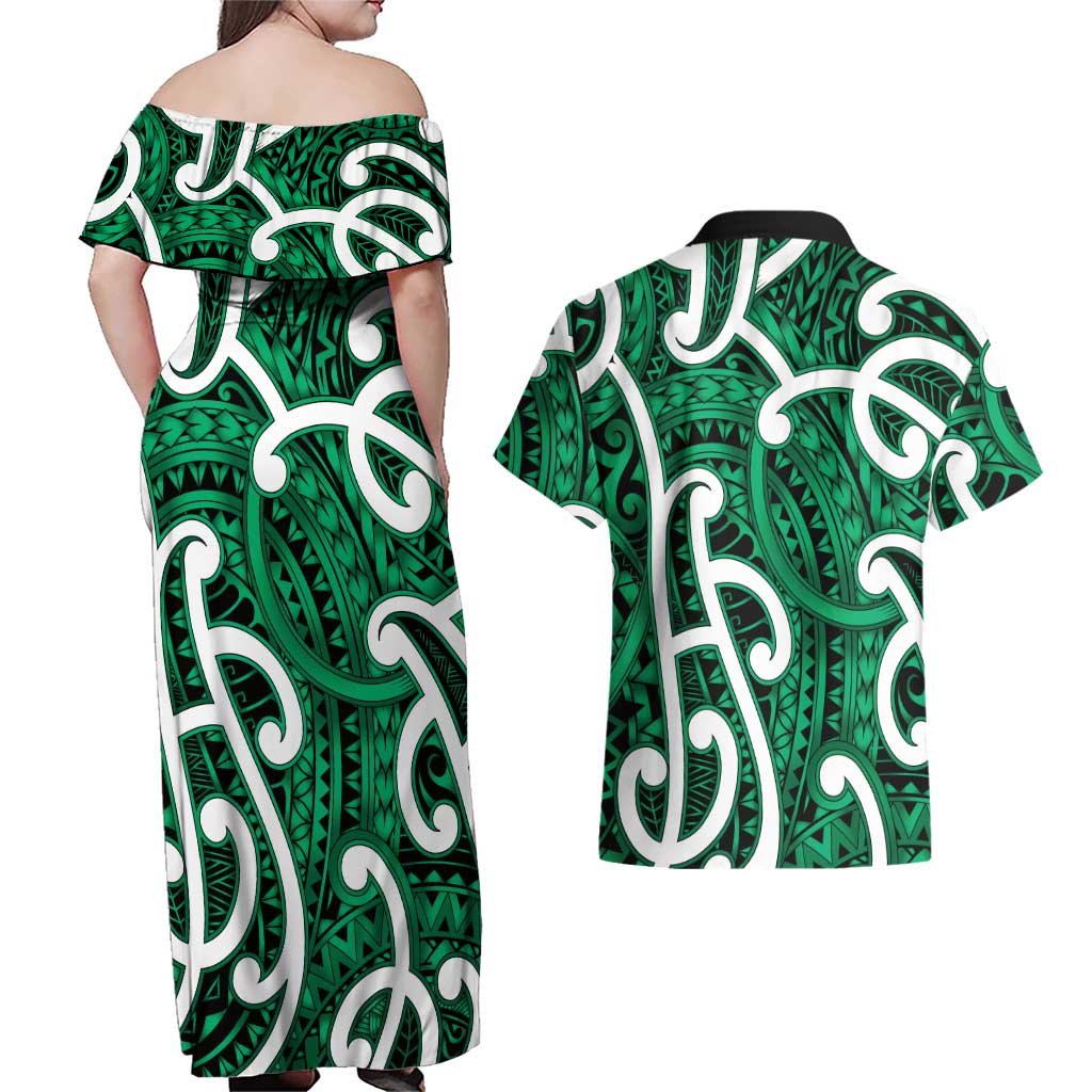 Aotearoa Maori Kowhaiwhai Couples Matching Off Shoulder Maxi Dress and Hawaiian Shirt Kakariki Puhoro and Patiki LT9 - Polynesian Pride