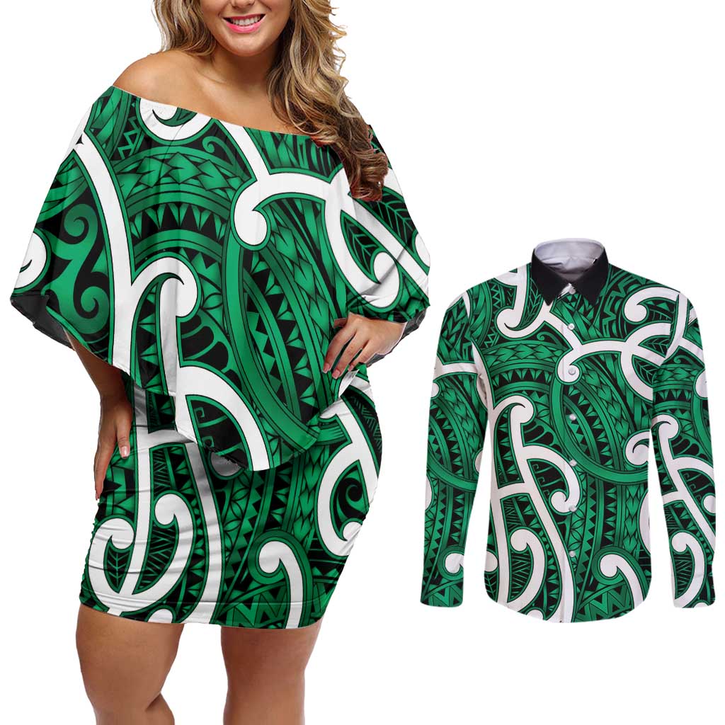 Aotearoa Maori Kowhaiwhai Couples Matching Off Shoulder Short Dress and Long Sleeve Button Shirt Kakariki Puhoro and Patiki LT9 Green - Polynesian Pride