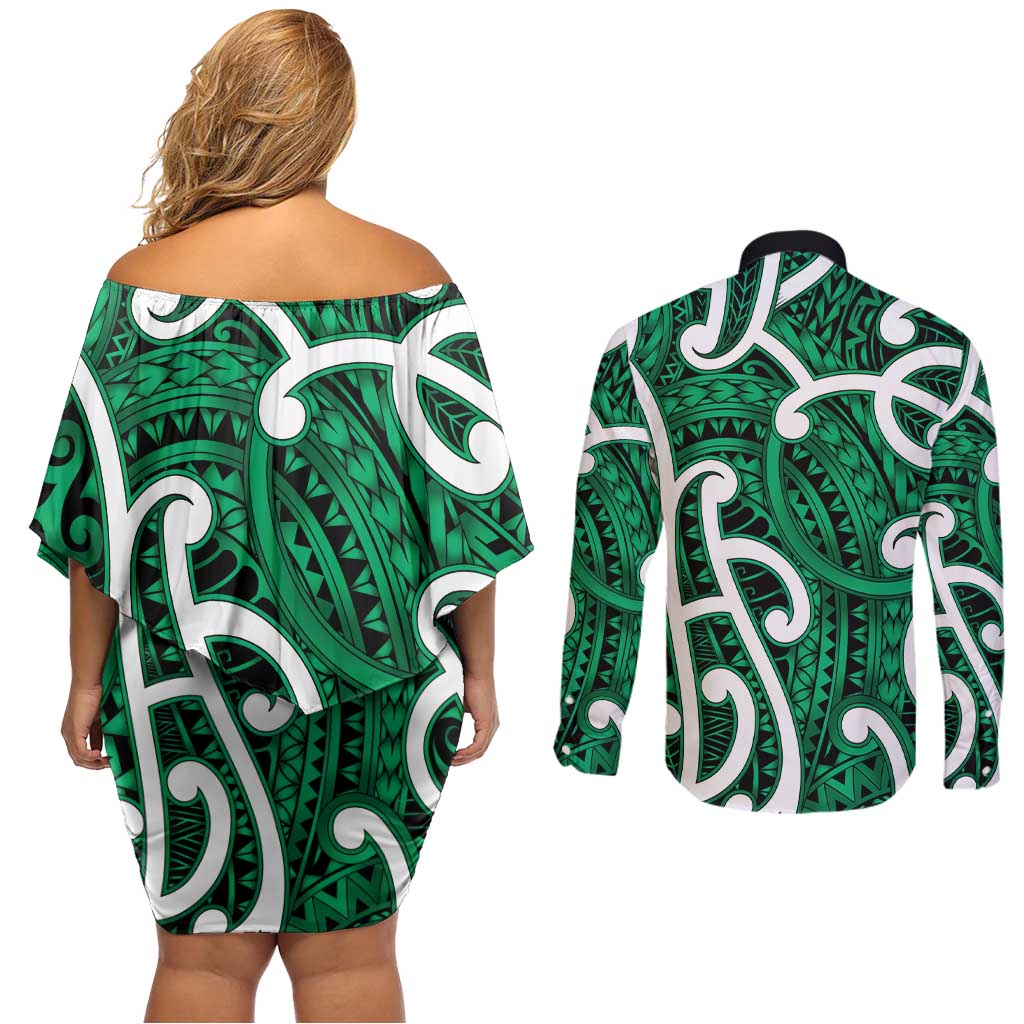 Aotearoa Maori Kowhaiwhai Couples Matching Off Shoulder Short Dress and Long Sleeve Button Shirt Kakariki Puhoro and Patiki LT9 - Polynesian Pride
