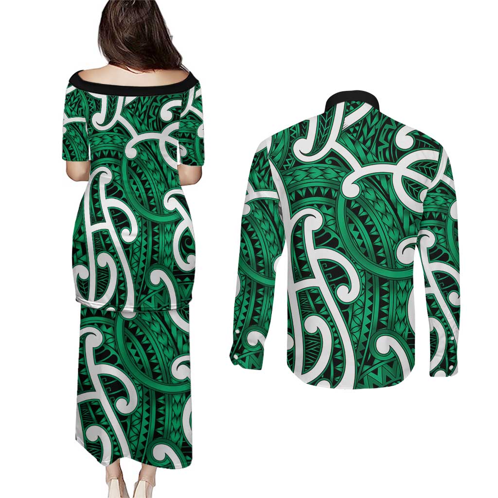 Aotearoa Maori Kowhaiwhai Couples Matching Puletasi and Long Sleeve Button Shirt Kakariki Puhoro and Patiki LT9 - Polynesian Pride