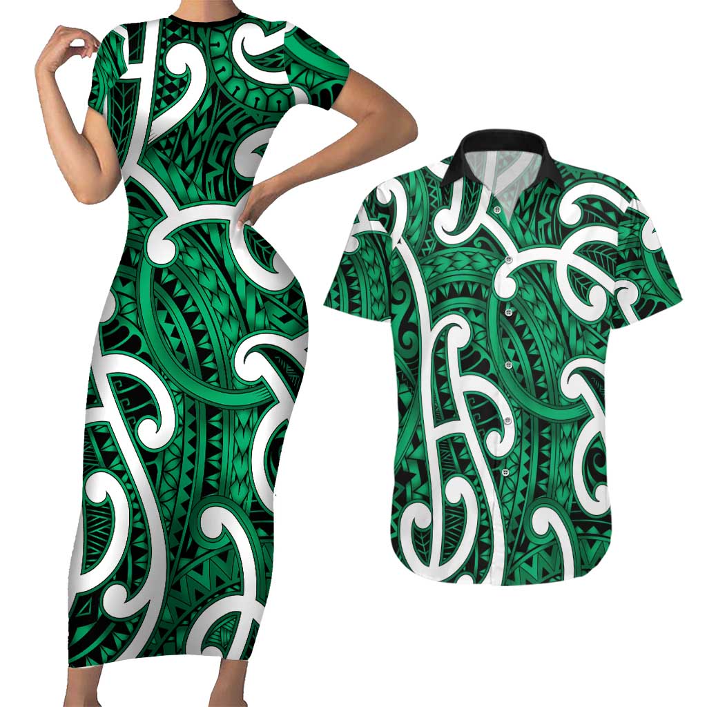 Aotearoa Maori Kowhaiwhai Couples Matching Short Sleeve Bodycon Dress and Hawaiian Shirt Kakariki Puhoro and Patiki LT9 Green - Polynesian Pride