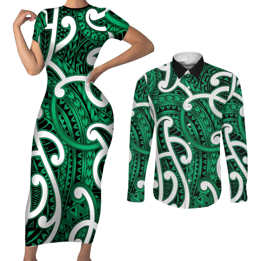 Aotearoa Maori Kowhaiwhai Couples Matching Short Sleeve Bodycon Dress and Long Sleeve Button Shirt Kakariki Puhoro and Patiki LT9 Green - Polynesian Pride