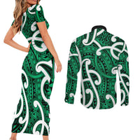 Aotearoa Maori Kowhaiwhai Couples Matching Short Sleeve Bodycon Dress and Long Sleeve Button Shirt Kakariki Puhoro and Patiki LT9 - Polynesian Pride