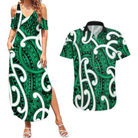 Aotearoa Maori Kowhaiwhai Couples Matching Summer Maxi Dress and Hawaiian Shirt Kakariki Puhoro and Patiki LT9 Green - Polynesian Pride