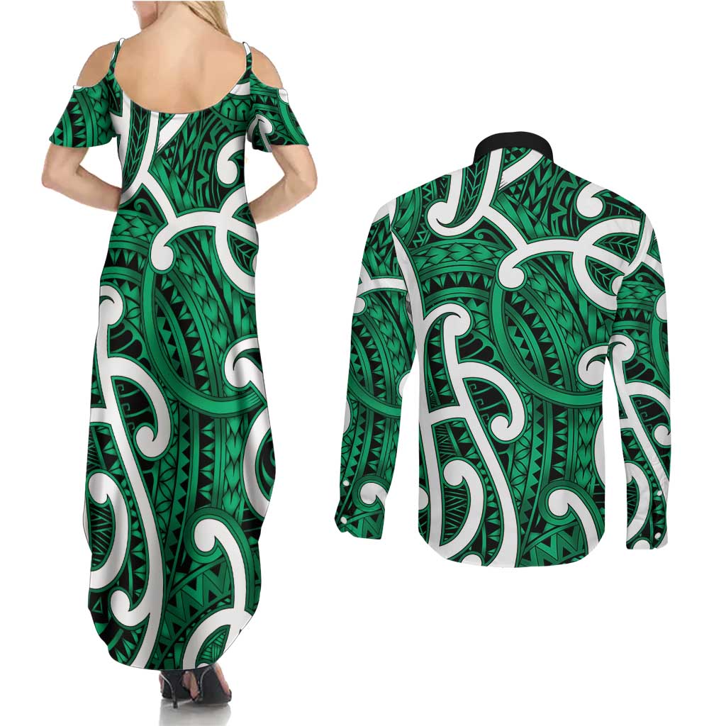 Aotearoa Maori Kowhaiwhai Couples Matching Summer Maxi Dress and Long Sleeve Button Shirt Kakariki Puhoro and Patiki LT9 - Polynesian Pride