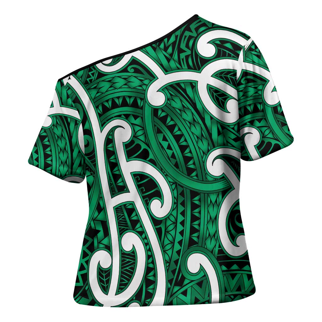 Aotearoa Maori Kowhaiwhai Cross Shoulder Shirt Kakariki Puhoro and Patiki