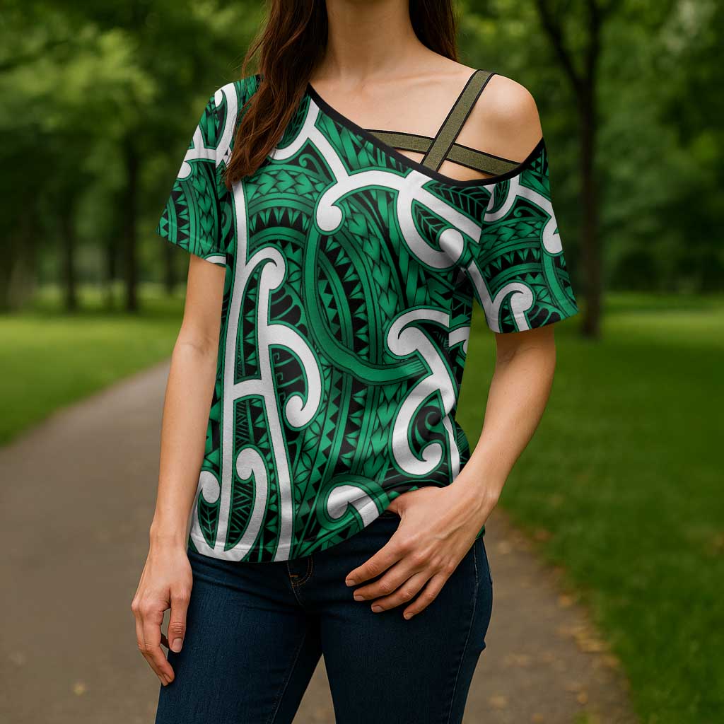 Aotearoa Maori Kowhaiwhai Cross Shoulder Shirt Kakariki Puhoro and Patiki
