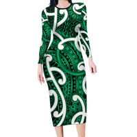 Aotearoa Maori Kowhaiwhai Family Matching Long Sleeve Bodycon Dress and Hawaiian Shirt Kakariki Puhoro and Patiki LT9 Mom's Dress Green - Polynesian Pride