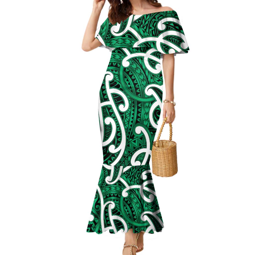 Aotearoa Maori Kowhaiwhai Family Matching Mermaid Dress and Hawaiian Shirt Kakariki Puhoro and Patiki LT9 Mom's Dress Green - Polynesian Pride