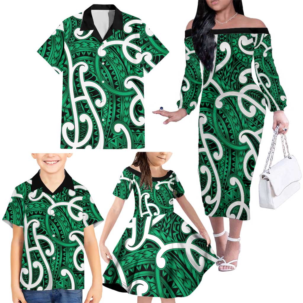 Aotearoa Maori Kowhaiwhai Family Matching Off The Shoulder Long Sleeve Dress and Hawaiian Shirt Kakariki Puhoro and Patiki