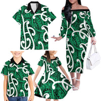 Aotearoa Maori Kowhaiwhai Family Matching Off The Shoulder Long Sleeve Dress and Hawaiian Shirt Kakariki Puhoro and Patiki LT9 - Polynesian Pride