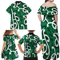 Aotearoa Maori Kowhaiwhai Family Matching Off Shoulder Maxi Dress and Hawaiian Shirt Kakariki Puhoro and Patiki LT9 - Polynesian Pride