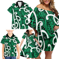 Aotearoa Maori Kowhaiwhai Family Matching Off Shoulder Short Dress and Hawaiian Shirt Kakariki Puhoro and Patiki LT9 - Polynesian Pride