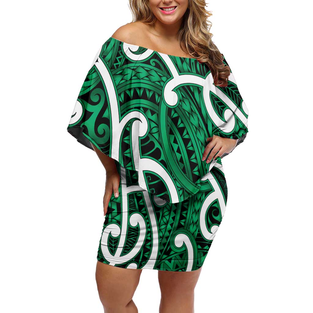 Aotearoa Maori Kowhaiwhai Family Matching Off Shoulder Short Dress and Hawaiian Shirt Kakariki Puhoro and Patiki LT9 Mom's Dress Green - Polynesian Pride