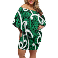 Aotearoa Maori Kowhaiwhai Family Matching Off Shoulder Short Dress and Hawaiian Shirt Kakariki Puhoro and Patiki LT9 Mom's Dress Green - Polynesian Pride