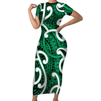 Aotearoa Maori Kowhaiwhai Family Matching Short Sleeve Bodycon Dress and Hawaiian Shirt Kakariki Puhoro and Patiki LT9 Mom's Dress Green - Polynesian Pride