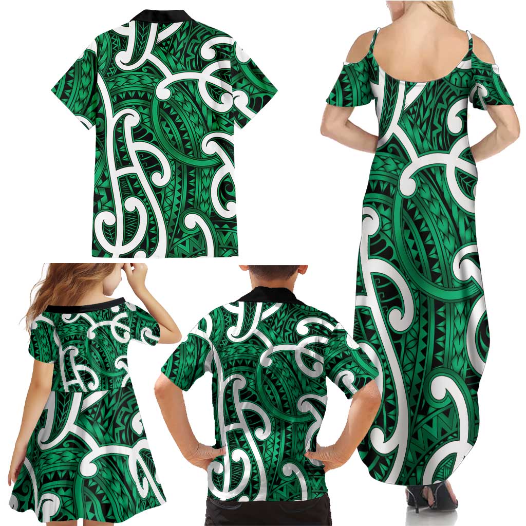 Aotearoa Maori Kowhaiwhai Family Matching Summer Maxi Dress and Hawaiian Shirt Kakariki Puhoro and Patiki LT9 - Polynesian Pride