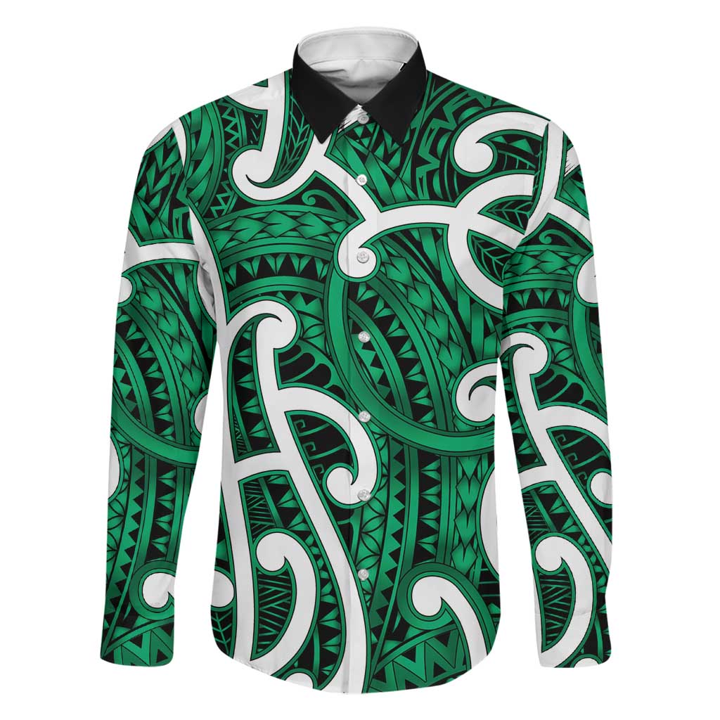 Aotearoa Maori Kowhaiwhai Family Matching Summer Maxi Dress and Hawaiian Shirt Kakariki Puhoro and Patiki LT9 Dad's Shirt - Long Sleeve Green - Polynesian Pride
