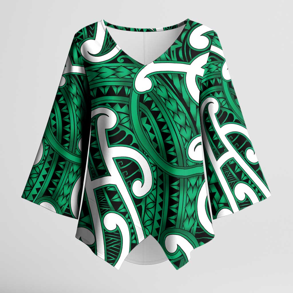 Aotearoa Maori Kowhaiwhai Kimono Sleeve Blouse Kakariki Puhoro and Patiki