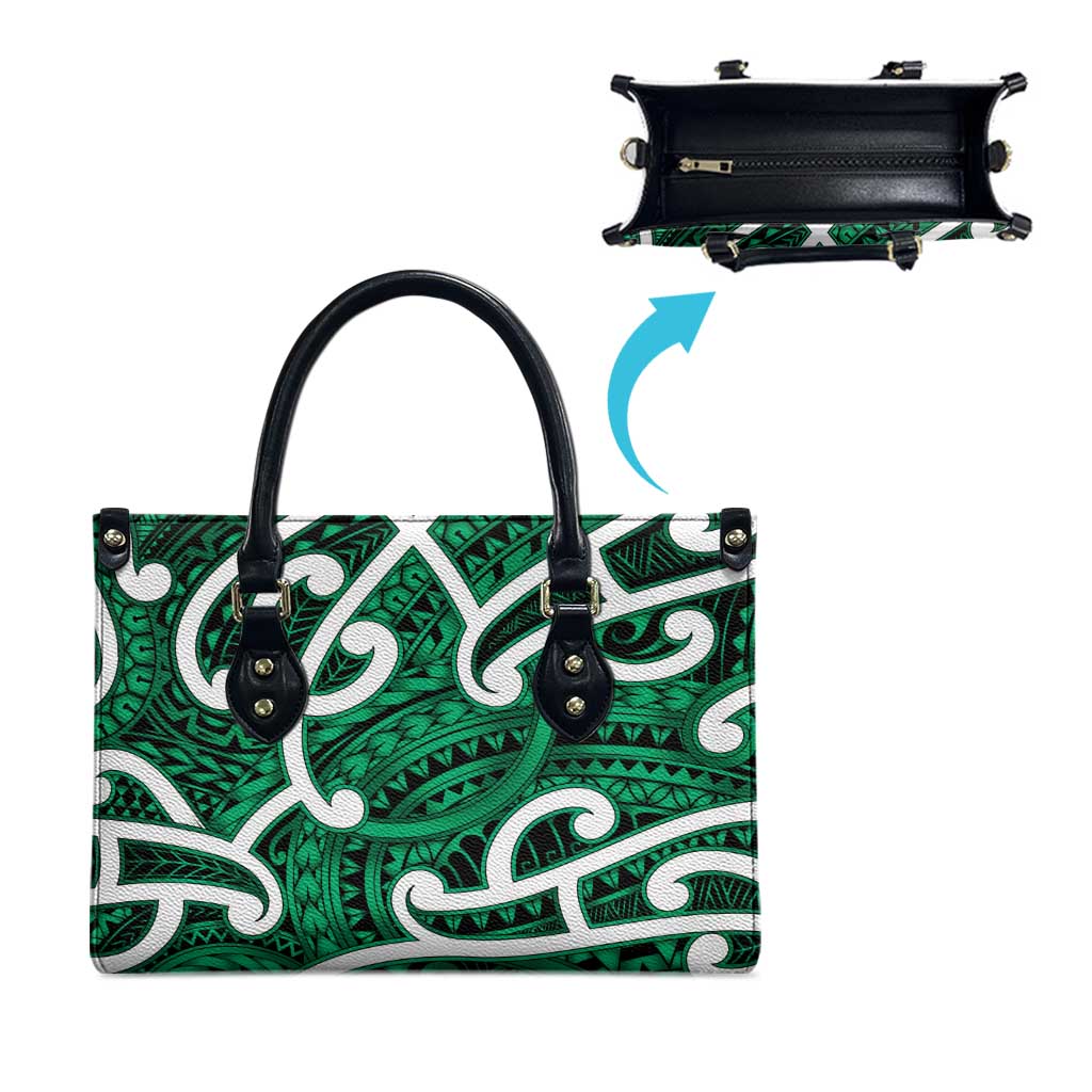 Aotearoa Maori Kowhaiwhai Leather Bag Kakariki Puhoro and Patiki