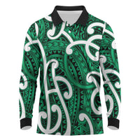 Aotearoa Maori Kowhaiwhai Long Sleeve Polo Shirt Kakariki Puhoro and Patiki LT9 Green - Polynesian Pride