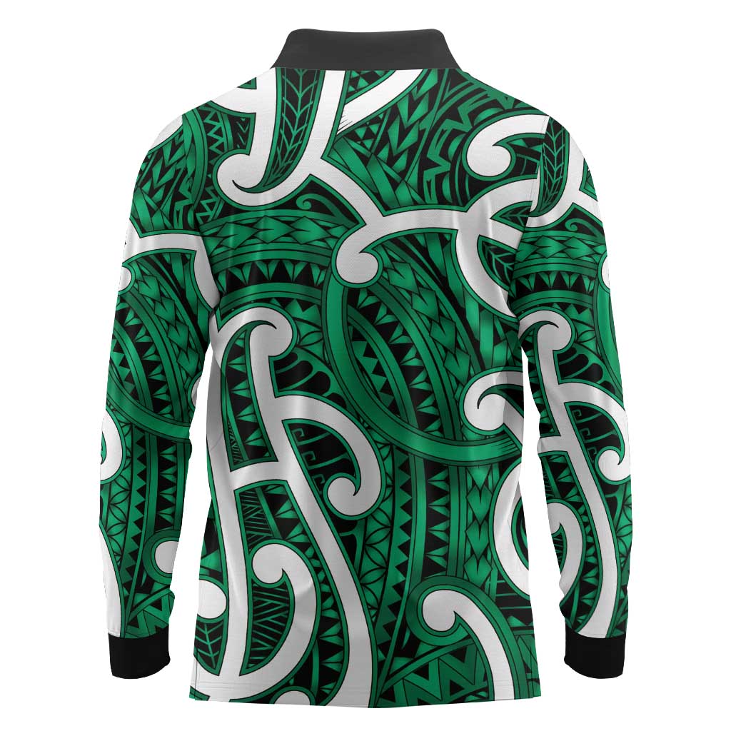 Aotearoa Maori Kowhaiwhai Long Sleeve Polo Shirt Kakariki Puhoro and Patiki LT9 - Polynesian Pride