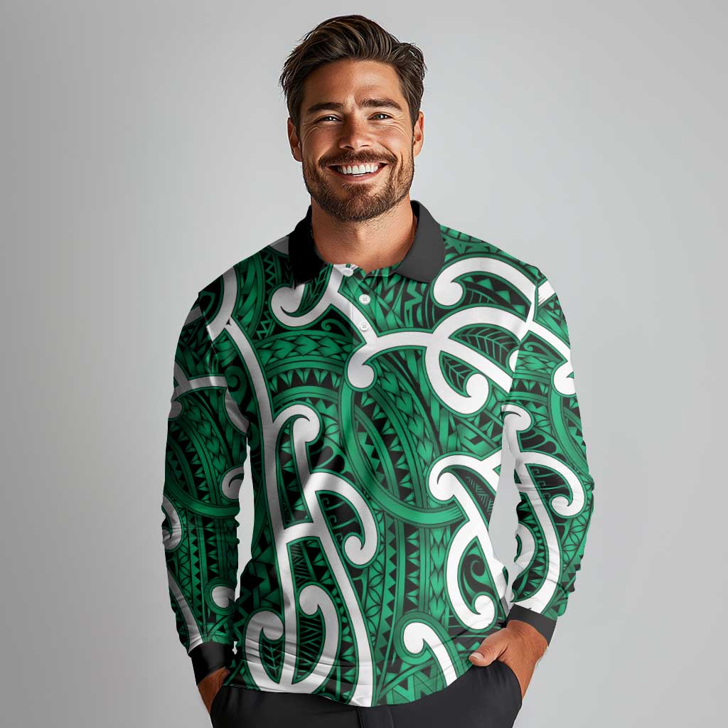 Aotearoa Maori Kowhaiwhai Long Sleeve Polo Shirt Kakariki Puhoro and Patiki LT9 - Polynesian Pride