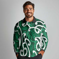 Aotearoa Maori Kowhaiwhai Long Sleeve Polo Shirt Kakariki Puhoro and Patiki LT9 - Polynesian Pride