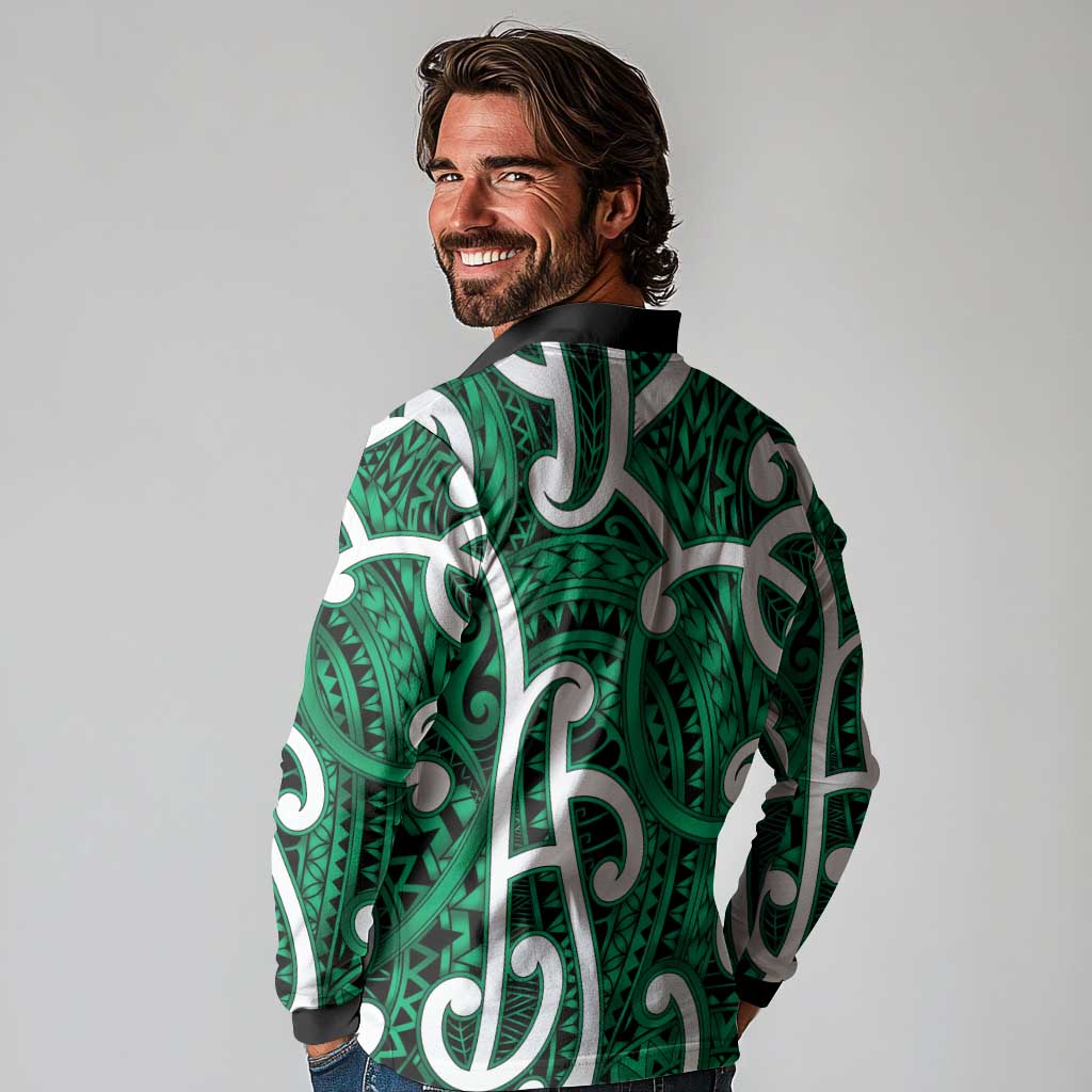 Aotearoa Maori Kowhaiwhai Long Sleeve Polo Shirt Kakariki Puhoro and Patiki LT9 - Polynesian Pride