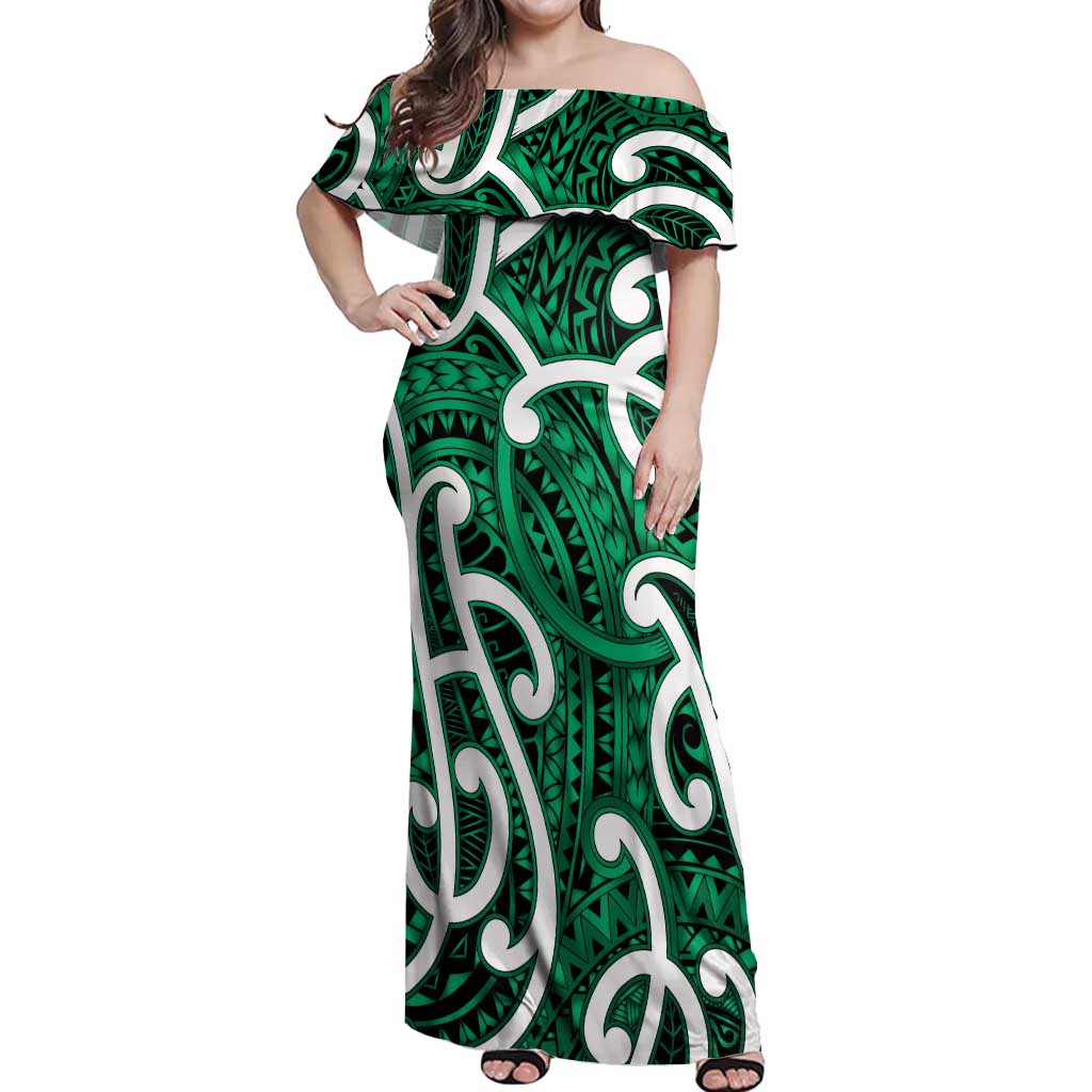 Aotearoa Maori Kowhaiwhai Off Shoulder Maxi Dress Kakariki Puhoro and Patiki LT9 Women Green - Polynesian Pride