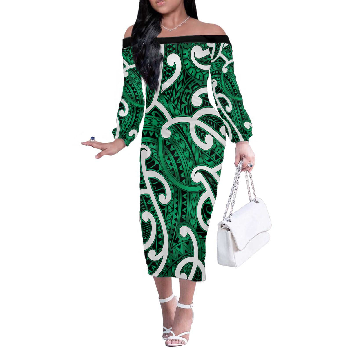 Aotearoa Maori Kowhaiwhai Off The Shoulder Long Sleeve Dress Kakariki Puhoro and Patiki LT9 Women Green - Polynesian Pride