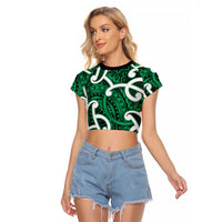 Aotearoa Maori Kowhaiwhai Raglan Cropped T Shirt Kakariki Puhoro and Patiki LT9 Female Green - Polynesian Pride