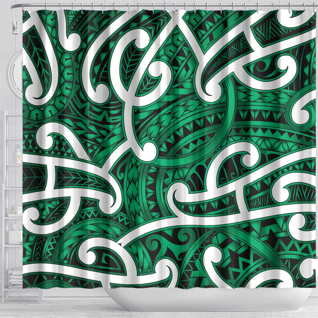 Aotearoa Maori Kowhaiwhai Shower Curtain Kakariki Puhoro and Patiki