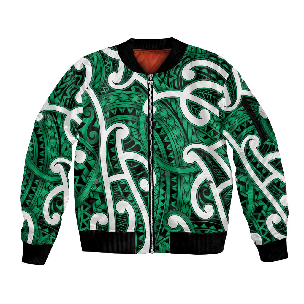 Aotearoa Maori Kowhaiwhai Sleeve Zip Bomber Jacket Kakariki Puhoro and Patiki LT9 Unisex Green - Polynesian Pride