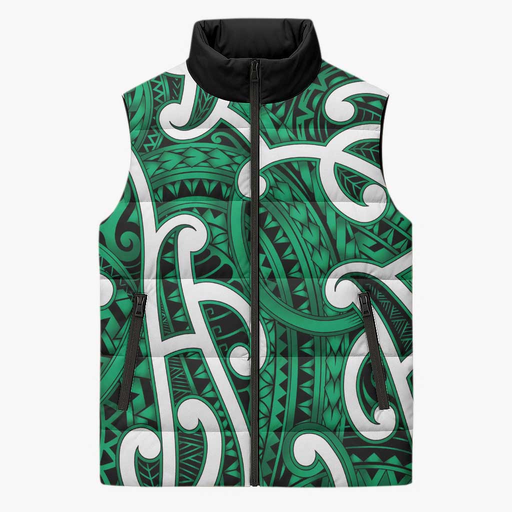 Aotearoa Maori Kowhaiwhai Sleeveless Puffer Jacket Kakariki Puhoro and Patiki