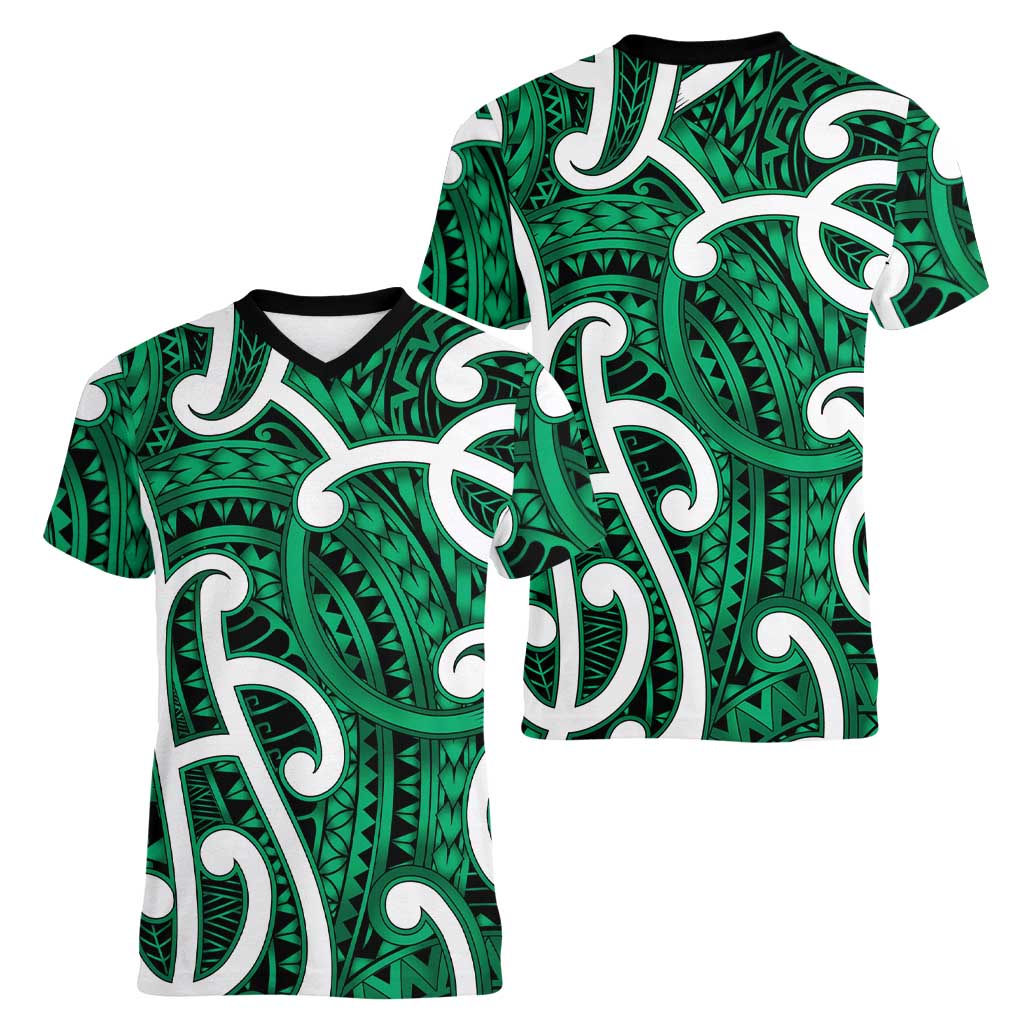 Aotearoa Maori Kowhaiwhai Women V-Neck T-Shirt Kakariki Puhoro and Patiki LT9 - Polynesian Pride