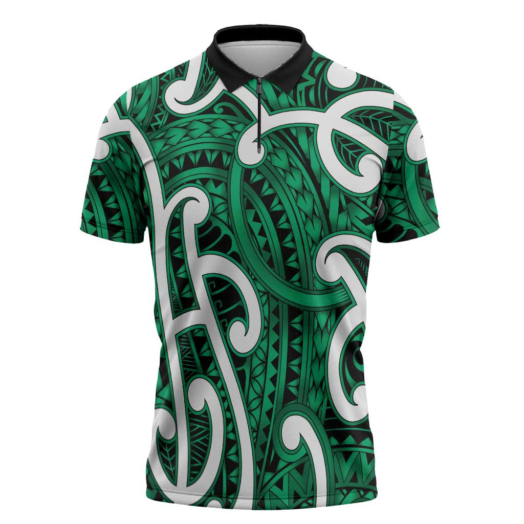 Aotearoa Maori Kowhaiwhai Zipper Polo Shirt Kakariki Puhoro and Patiki LT9 Green - Polynesian Pride