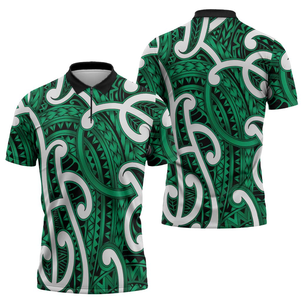Aotearoa Maori Kowhaiwhai Zipper Polo Shirt Kakariki Puhoro and Patiki LT9 - Polynesian Pride