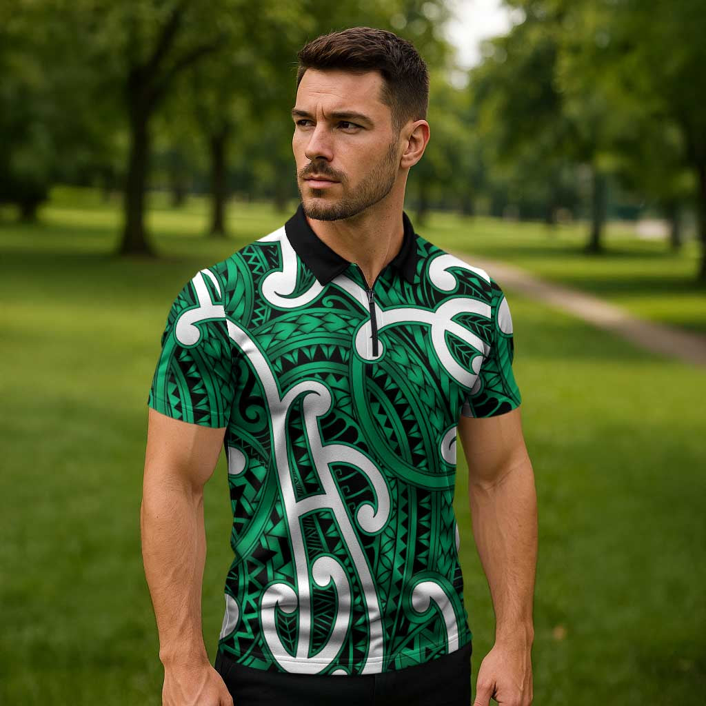 Aotearoa Maori Kowhaiwhai Zipper Polo Shirt Kakariki Puhoro and Patiki LT9 - Polynesian Pride