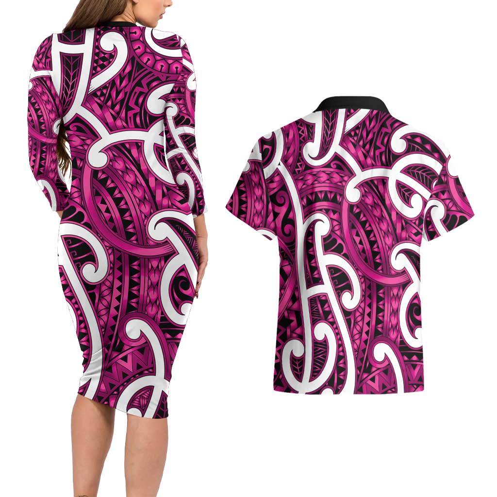Aotearoa Maori Kowhaiwhai Couples Matching Long Sleeve Bodycon Dress and Hawaiian Shirt Mawhero Puhoro and Patiki LT9 - Polynesian Pride