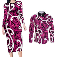 Aotearoa Maori Kowhaiwhai Couples Matching Long Sleeve Bodycon Dress and Long Sleeve Button Shirt Mawhero Puhoro and Patiki LT9 Pink - Polynesian Pride