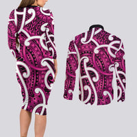 Aotearoa Maori Kowhaiwhai Couples Matching Long Sleeve Bodycon Dress and Long Sleeve Button Shirt Mawhero Puhoro and Patiki LT9 - Polynesian Pride